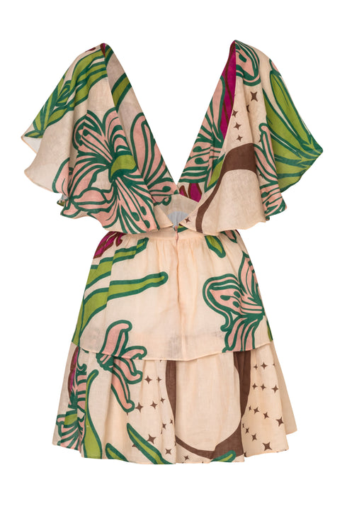 Boho Linen Mini Dress / Beige Moon Garden